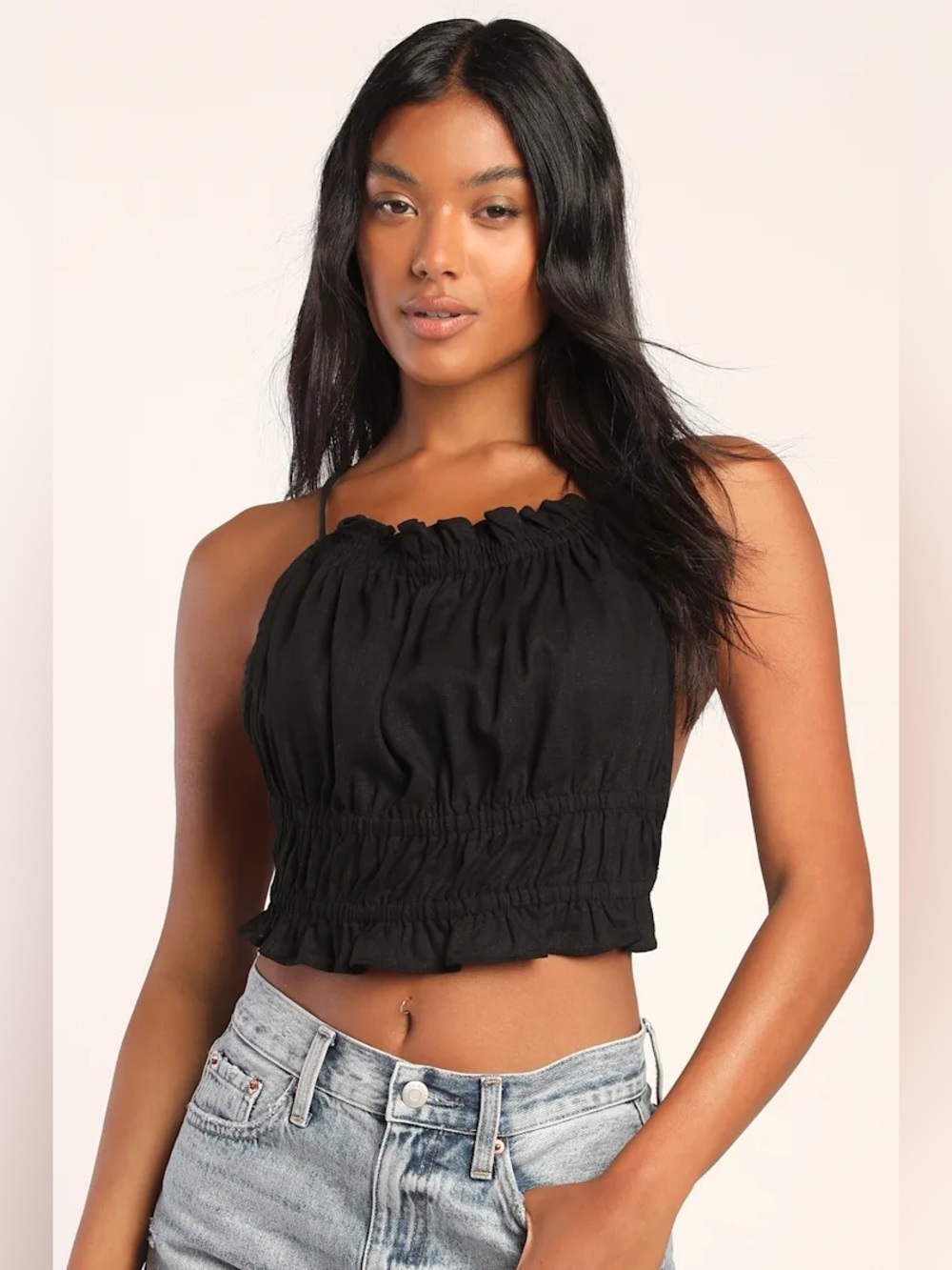 Lulus Back in Style Black Backless Tiered Cropped Top